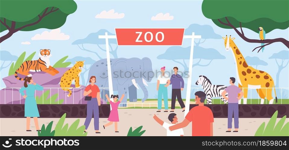 Flat zoo entrance gates with visitor family and kids. Cartoon safari park with people and african savannah animals in cages vector landscape. Zebra, giraffe and elephant wild fauna