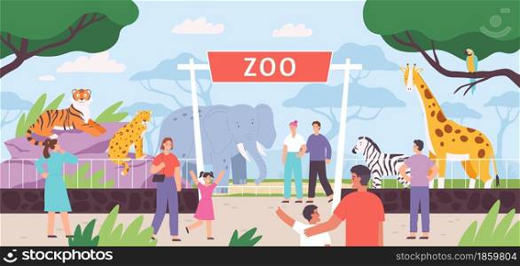 Flat zoo entrance gates with visitor family and kids. Cartoon safari park with people and african savannah animals in cages vector landscape. Zebra, giraffe and elephant wild fauna