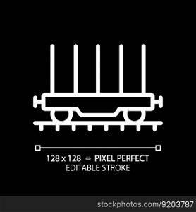 Flatcar pixel perfect white linear icon for dark theme. Freight railroad car. Open platform. Shipping container. Rolling stock. Thin line illustration. Isolated symbol for night mode. Editable stroke. Flatcar pixel perfect white linear icon for dark theme