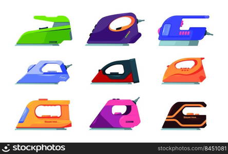 Flatirons collection. Housewife steam electricity tools for cleaning iron garish vector pictures set. Illustration of equipment home flatiron, housekeeping electrical. Flatirons collection. Housewife steam electricity tools for cleaning iron garish vector pictures set