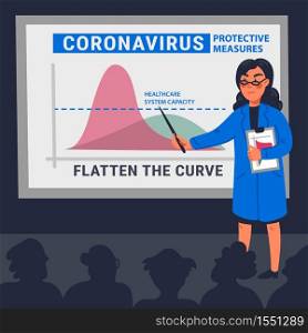 Flatten the curve concept. Female scientist with a pointer in front of a blackboard with a graphic of covid-19 spread. Coronavirus control strategy, quarantine measures. Simple flat style vector illustration. Flatten the curve concept. Female scientist with a pointer in front of a blackboard with a graphic of covid-19 spread. Coronavirus control strategy, quarantine measures. Simple flat style vector illustration.