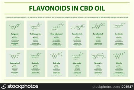Flavonoids in CBD Oil with Structural Formulas horizontal infographic illustration about cannabis as herbal alternative medicine and chemical therapy, healthcare and medical science vector.
