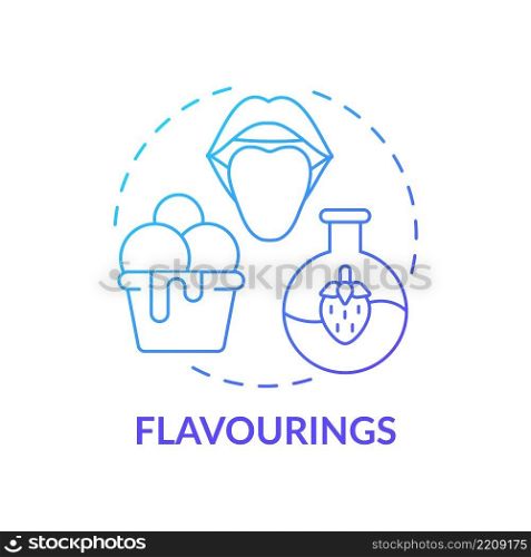 Flavourings blue gradient concept icon. Supplements of natural and synthetic origin. Food additives abstract idea thin line illustration. Isolated outline drawing. Myriad Pro-Bold fonts used. Flavourings blue gradient concept icon