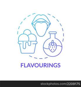 Flavourings blue gradient concept icon. Supplements of natural and synthetic origin. Food additives abstract idea thin line illustration. Isolated outline drawing. Myriad Pro-Bold fonts used. Flavourings blue gradient concept icon