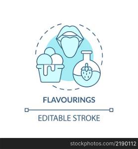 Flavourings turquoise concept icon. Natural and synthetic origin. Food additives abstract idea thin line illustration. Isolated outline drawing. Editable stroke. Arial, Myriad Pro-Bold fonts used. Flavourings turquoise concept icon