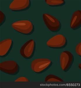 Flax Seeds Seamless Pattern. Flax seeds seamless pattern. Ripe flax seed in flat. Brown flax seeds on a dark green background. Several flax seeds. Healthy vegetarian food. Vector illustration