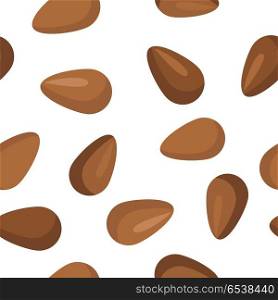 Flax seeds seamless pattern vector in flat design. Traditional snack. Healthy food. Seed ornament for wallpapers, polygraphy, textiles, web page design, surface textures. Isolated on white background.. Flax Seeds Seamless Pattern Vector in Flat Design.. Flax Seeds Seamless Pattern Vector in Flat Design.