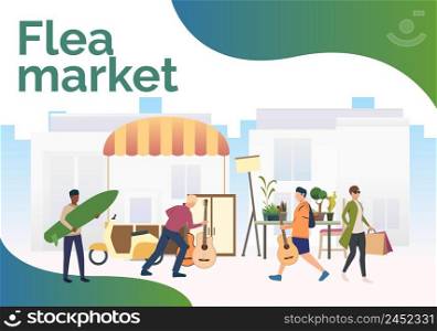 Flea market lettering, people shopping and walking outdoors. Buying, retail, marketplace concept. Presentation slide template. Vector illustration for topics like business, shopping, flea market. Flea market lettering, people shopping and walking outdoors