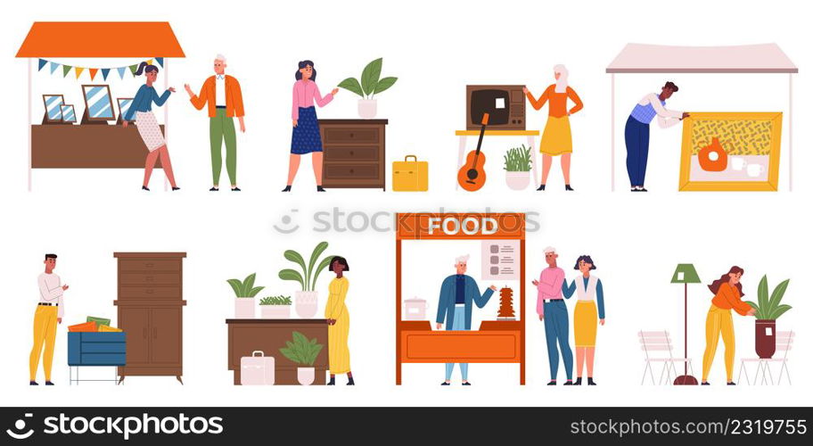 Flea market, people at garage sale or rag fair. People sell furniture, vintage goods or plants vector illustration set. Second hand store scenes, selling antique picture, wardrobe, mirrors. Flea market, people at garage sale or rag fair. People sell furniture, vintage goods or plants vector illustration set. Second hand store scenes