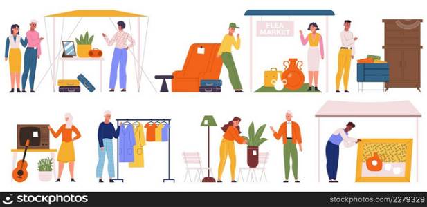 Flea market, people sell clothes and furniture on garage sale. Second hand store, characters sell plants and vintage goods vector illustration set. Street garage sale. Bazaar outdoor shopping. Flea market, people sell clothes and furniture on garage sale. Second hand store, characters sell plants and vintage goods vector illustration set. Street garage sale