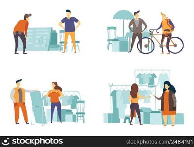 Flea market selling old fashion things, seller and customer. Vector old market garage, sale fashion bazaar illustration. Flea market selling old fashion things, seller and customer