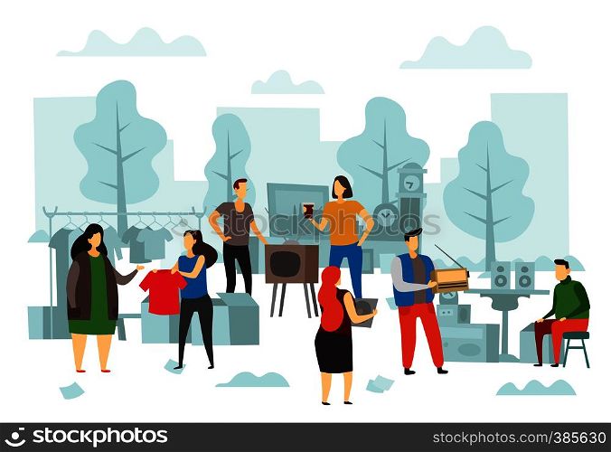 Flea market shopping. Fleas bazaar, people selling fashion clothes and street trading. Second hand shopping, flea shop or hipster antique accessories sale flat vector illustration. Flea market shopping. Fleas bazaar, people selling fashion clothes and street trading flat vector illustration