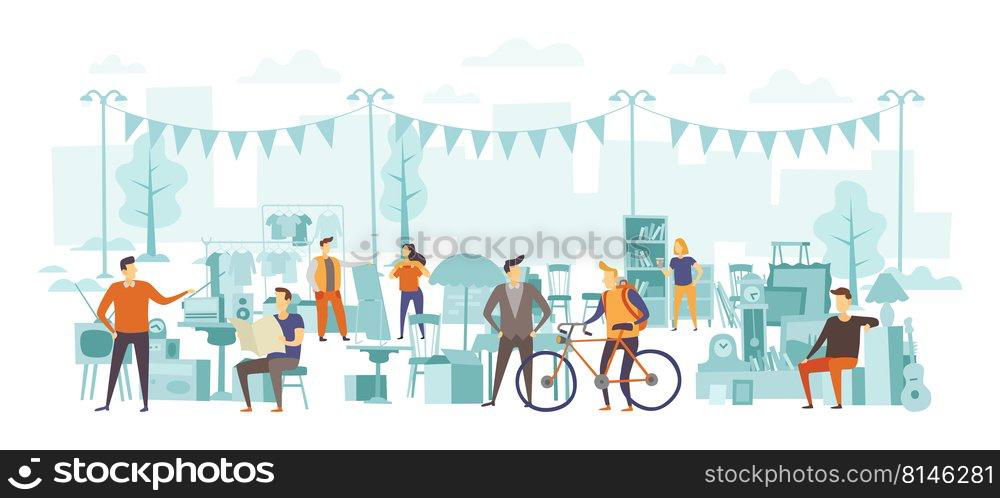 Flea market with people buying second hand goods. Street fair with sellers selling vintage furniture, clothing, books. Boy purchasing bicycle, woman choosing t-shirt. Outdoor retail market vector. Flea market with people buying second hand goods. Street fair with sellers selling vintage furniture, clothing