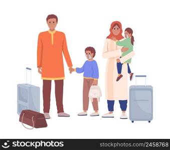 Fleeing family waiting for evacuation train semi flat color vector characters. Despairing figures. Full body people on white. Simple cartoon style illustration for web graphic design and animation. Fleeing family waiting for evacuation train semi flat color vector characters