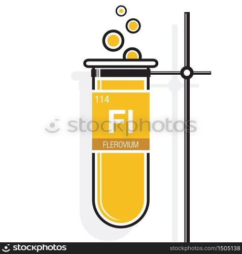 Flerovium symbol on label in a yellow test tube with holder. Element number 114 of the Periodic Table of the Elements - Chemistry