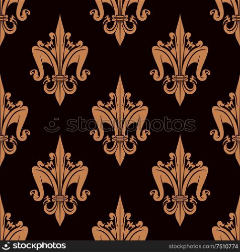 Fleur-de-lis floral seamless pattern with stylized beige lily flowers on brown carmine background. Interior wallpaper design. Beige and brown floral seamless pattern