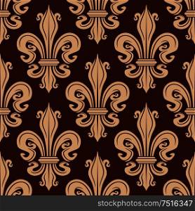 Fleur-de-lis seamless floral pattern with beige lily flowers on brown background. Brown and beige seamless fleur-de-lis pattern