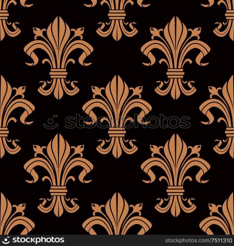 Fleur-de-lis seamless pattern of victorian stylized lily flowers with beige curly leaves and fragile buds over maroon background. May be used as heraldic, historical backdrop or interior design. Fleur-de-lis seamless pattern of victorian lilies