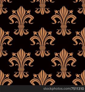 Fleur-de-lis seamless pattern of victorian stylized lily flowers with beige curly leaves and fragile buds over maroon background. May be used as heraldic, historical backdrop or interior design. Fleur-de-lis seamless pattern of victorian lilies