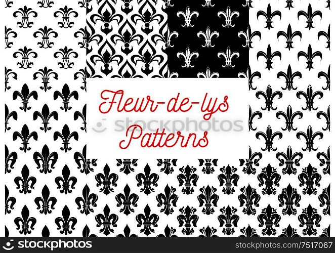 Fleur-de-lis seamless patterns set. Black and white vintage backgrounds set with royal victorian fleur-de-lis ornament. Vintage interior or wallpaper design. Black and white fleur-de-lis seamless patterns set
