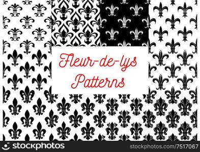 Fleur-de-lis seamless patterns set. Black and white vintage backgrounds set with royal victorian fleur-de-lis ornament. Vintage interior or wallpaper design. Black and white fleur-de-lis seamless patterns set