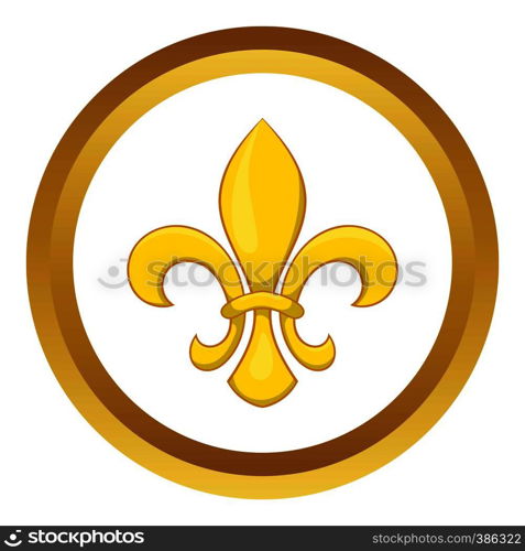 Fleur de lis vector icon in golden circle, cartoon style isolated on white background. Fleur de lis vector icon