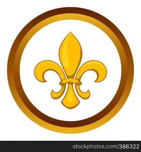 Fleur de lis vector icon in golden circle, cartoon style isolated on white background. Fleur de lis vector icon