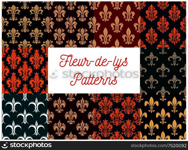 Fleur-de-lys royal french lily seamless pattern backgrounds. Vector pattern of heraldic fleur-de-lis decorative elements. Fleur-de-lys royal french lily seamless patterns
