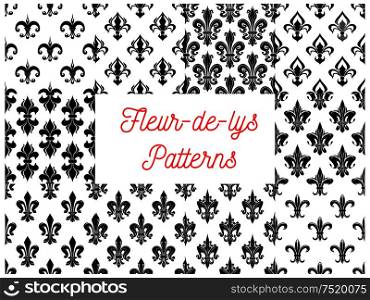 Fleur-de-lys royal french lily seamless patterns. Vector pattern of black heraldic fleur-de-lis symbols on white background. Fleur-de-lys royal french lily seamless patterns