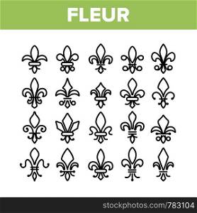 Fleur De Lys, Royalty Linear Vector Icons Set. Fleur, French Lily Thin Line Contour Symbols Pack. Ornate Exterior Decoration Pictograms Collection. Traditional Floral Insignia Outline Illustrations. Fleur De Lys, Royalty Linear Vector Icons Set