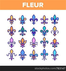 Fleur De Lys, Royalty Linear Vector Icons Set. Fleur, French Lily Thin Line Contour Symbols Pack. Ornate Exterior Decoration Pictograms Collection. Traditional Floral Insignia Outline Illustrations. Fleur De Lys, Royalty Linear Vector Icons Set