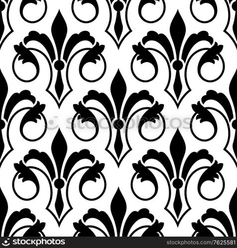 Fleur de Lys seamless bakground pattern with ornate motifs with a stylized scrolling elegant foliate pattern in a black and white vector illusration with repeat motif. Fleur de Lys seamless bakground pattern