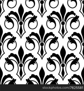 Fleur de Lys seamless bakground pattern with ornate motifs with a stylized scrolling elegant foliate pattern in a black and white vector illusration with repeat motif. Fleur de Lys seamless bakground pattern