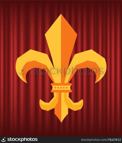Fleur de lys symbol on red curtain, golden king insignia. Flower royal lily, antique or old scroll logo, traditional badge, french classic icon vector. Royal Flower, Fleur De Lys Logo on Curtain Vector