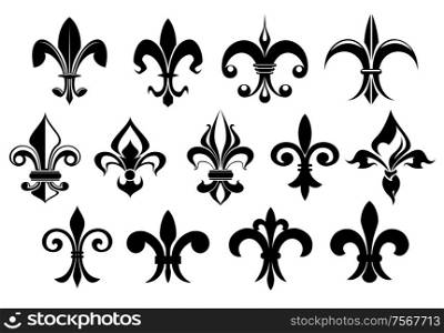 Fleur de lys vintage design elements or icons in black and white suitable for heraldry and classic decor designs in various shapes, vector illustration on white