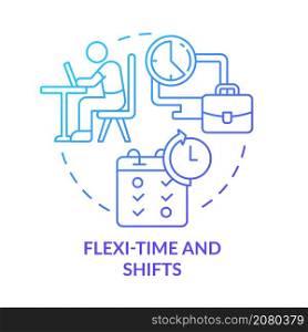 Flexi-time and shifts blue gradient concept icon. Personal schedule for employees abstract idea thin line illustration. Isolated outline drawing. Roboto-Medium, Myriad Pro-Bold fonts used. Flexi-time and shifts blue gradient concept icon