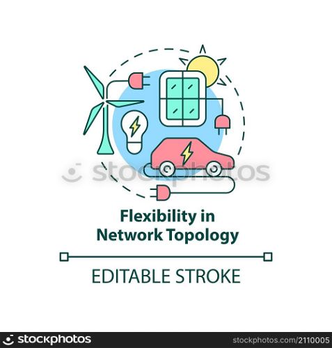 Flexibility in network topology concept icon. Smart grid features abstract idea thin line illustration. Isolated outline drawing. Editable stroke. Roboto-Medium, Myriad Pro-Bold fonts used. Flexibility in network topology concept icon