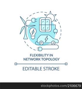 Flexibility in network topology turquoise concept icon. Smart grid benefits abstract idea thin line illustration. Isolated outline drawing. Editable stroke. Roboto-Medium, Myriad Pro-Bold fonts used. Flexibility in network topology turquoise concept icon