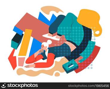 Flexible female character working out and practicing, abstract collage or composition with shapes and geometric forms. Retro decoration and modern urban look. Active hobby. Vector in flat style. Abstract composition flexible female character
