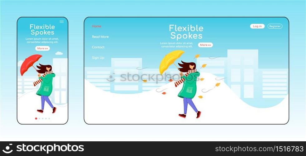 Flexible spokes landing page flat color vector template. Woman in raincoat homepage layout. Mobile display. Windy weather one page website interface, cartoon character. Walking lady banner, webpage