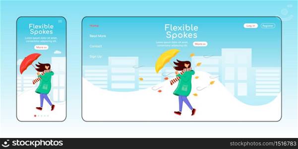 Flexible spokes landing page flat color vector template. Woman in raincoat homepage layout. Mobile display. Windy weather one page website interface, cartoon character. Walking lady banner, webpage