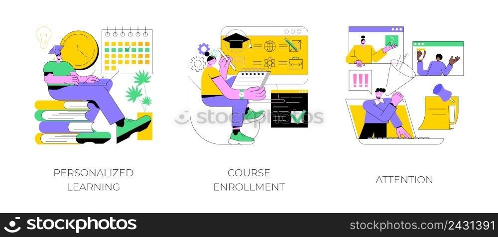 Flexible study plan abstract concept vector illustration set. Personalized learning, course enrollment, attention, apply for degree program, new student, concentration, multitasking abstract metaphor.. Flexible study plan abstract concept vector illustrations.