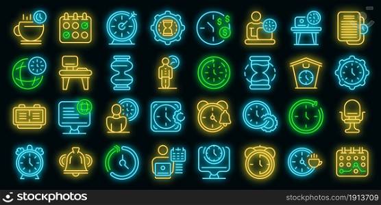 Flexible working hours icons set. Outline set of flexible working hours vector icons neon color on black. Flexible working hours icons set vector neon