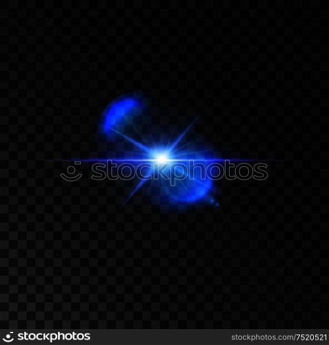 Flickering blue light flash of shining star. Twinkling star with bright radiance and lens flare effect on transparent background. Vector luminous beams shine. Flickering blue light flash of shining star