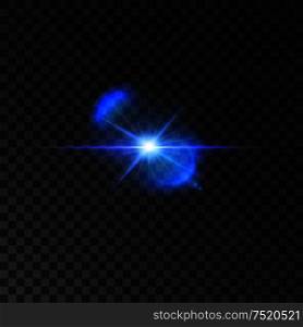 Flickering blue light flash of shining star. Twinkling star with bright radiance and lens flare effect on transparent background. Vector luminous beams shine. Flickering blue light flash of shining star
