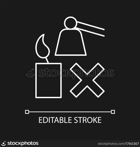Flickering candle danger white linear manual label icon for dark theme. Thin line customizable illustration for product use instructions. Isolated vector contour symbol for night mode. Editable stroke. Flickering candle danger white linear manual label icon for dark theme