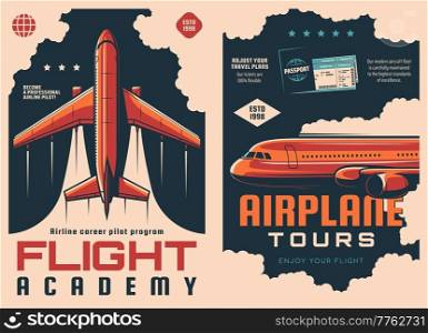 Flight academy and airplane travel vector posters, aviation school and air tours. Aircraft pilots academy and aviation education or training center of avia instructors, charter airlines travel. Flight academy and airplane travel vintage posters