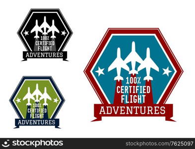 Flight adventures emblem or label with flying airplanes for tourism and travel industry design