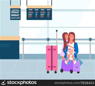 Flight and departure, family at airport, baggage or luggage vector. Mother and daughter with suitcases, summer vacation or holidays, traveling and tourism. Flat cartoon. Family at Airport, Flight and Departure, Baggage