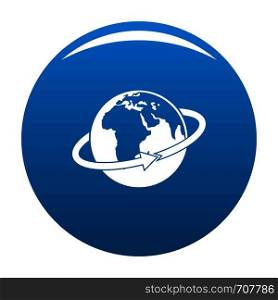 Flight around earth icon vector blue circle isolated on white background . Flight around earth icon blue vector